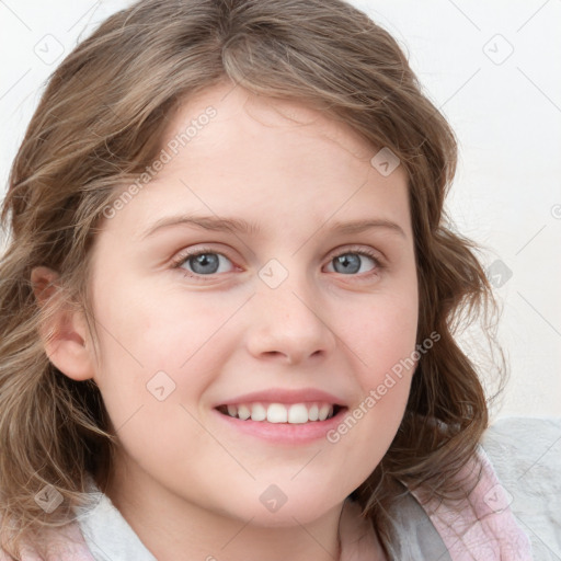 Joyful white child female with medium  brown hair and blue eyes