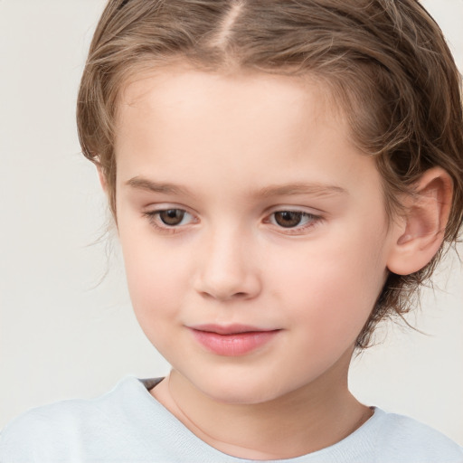 Joyful white child female with medium  brown hair and brown eyes