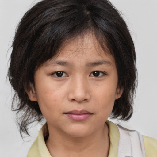 Neutral asian young-adult female with medium  brown hair and brown eyes