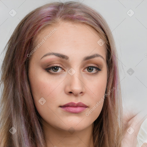 Neutral white young-adult female with long  brown hair and blue eyes