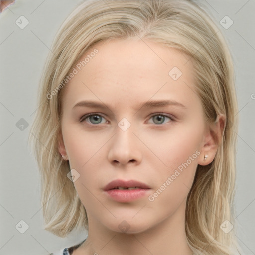 Neutral white young-adult female with medium  brown hair and grey eyes