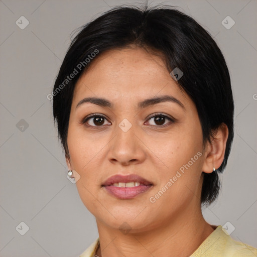 Joyful asian young-adult female with medium  black hair and brown eyes