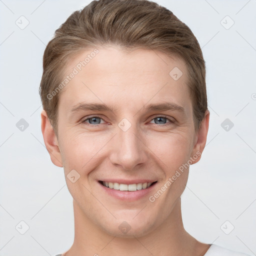 Joyful white young-adult female with short  brown hair and grey eyes