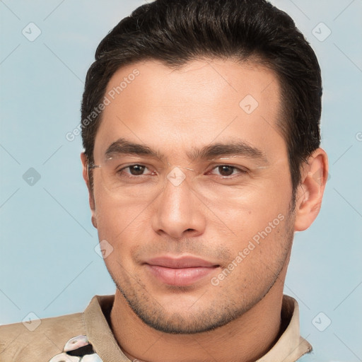 Joyful white young-adult male with short  brown hair and brown eyes