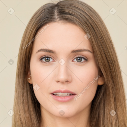 Neutral white young-adult female with long  brown hair and brown eyes