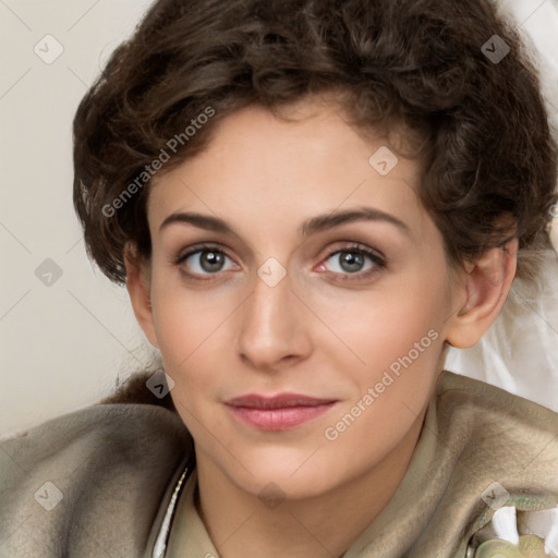 Joyful white young-adult female with medium  brown hair and green eyes