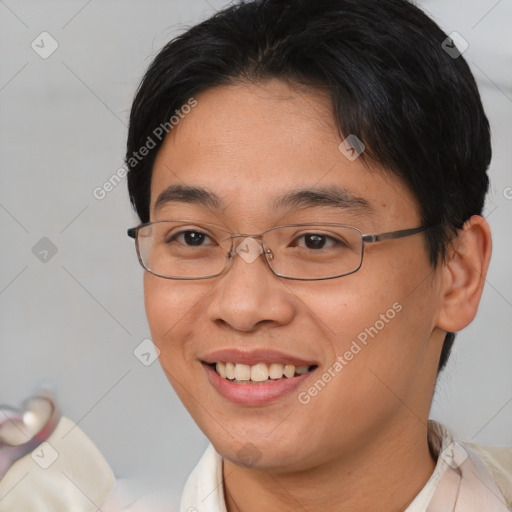 Joyful asian young-adult female with short  brown hair and brown eyes