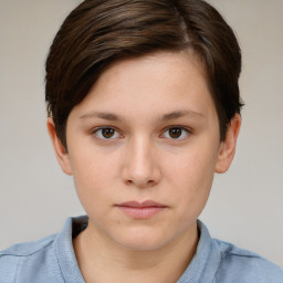 Neutral white young-adult female with short  brown hair and brown eyes