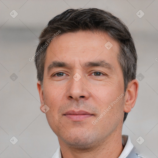 Neutral white adult male with short  brown hair and brown eyes