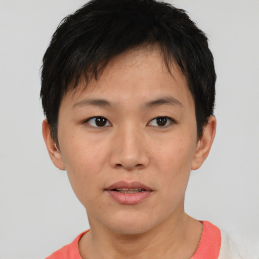 Neutral asian young-adult female with short  brown hair and brown eyes