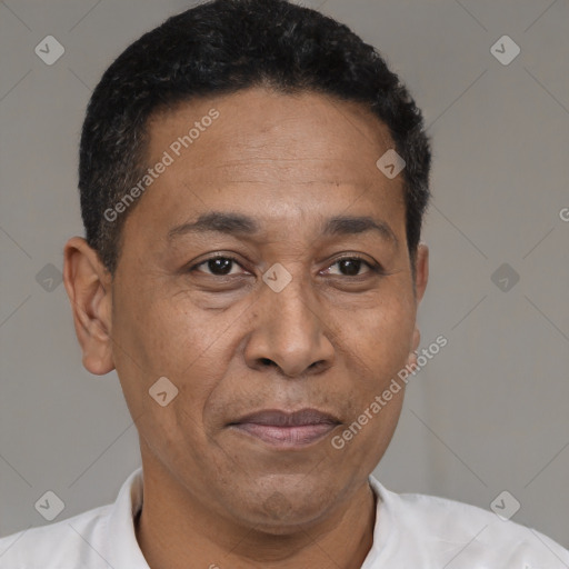 Joyful latino adult male with short  brown hair and brown eyes