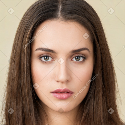 Neutral white young-adult female with long  brown hair and brown eyes