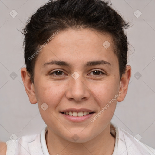 Joyful white young-adult female with short  brown hair and brown eyes