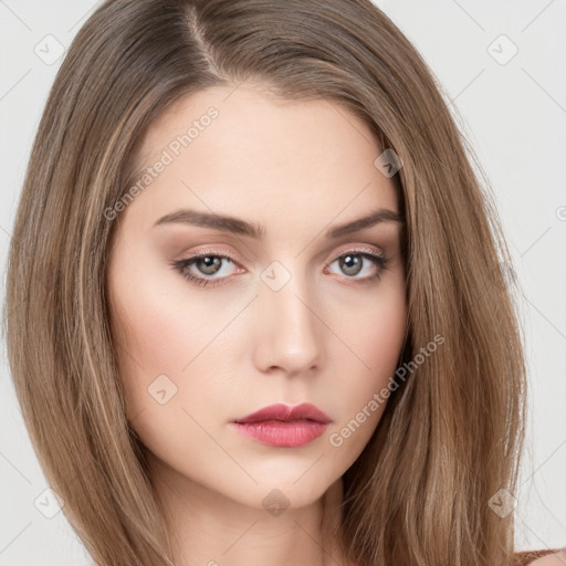 Neutral white young-adult female with long  brown hair and brown eyes