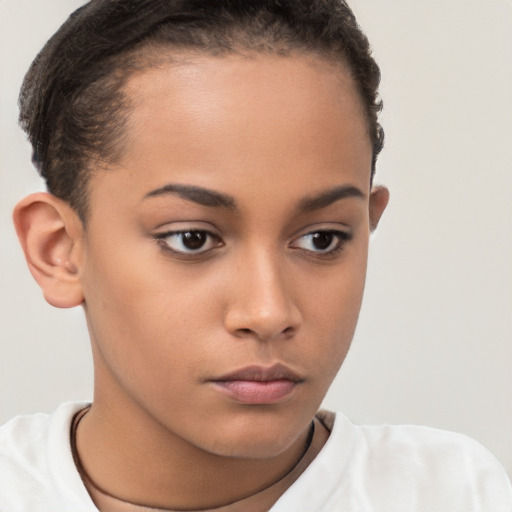 Neutral white young-adult female with short  brown hair and brown eyes