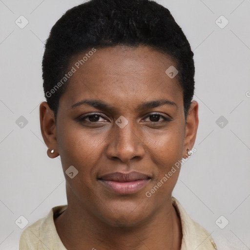 Joyful black young-adult female with short  brown hair and brown eyes