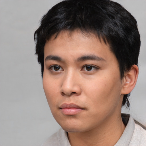 Neutral asian young-adult male with short  black hair and brown eyes