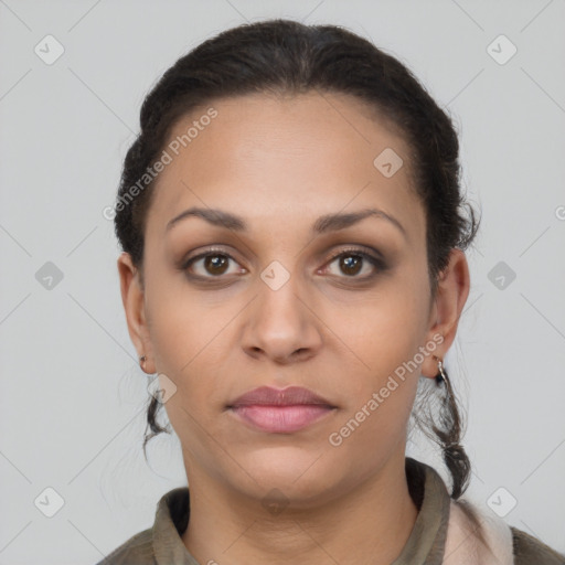 Joyful latino young-adult female with long  brown hair and brown eyes