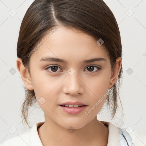 Joyful white child female with medium  brown hair and brown eyes