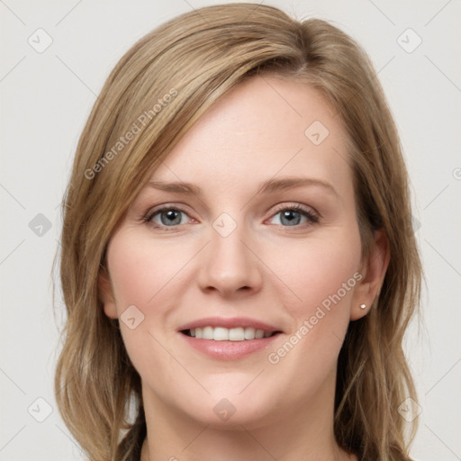 Joyful white young-adult female with long  brown hair and grey eyes