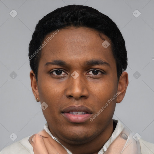 Neutral latino young-adult male with short  black hair and brown eyes