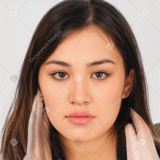 Neutral white young-adult female with long  brown hair and brown eyes