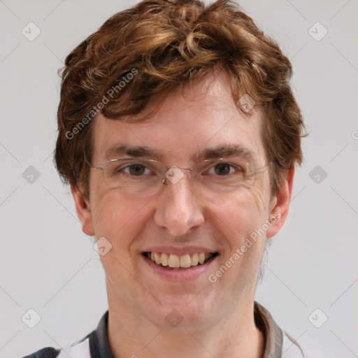 Joyful white adult male with short  brown hair and grey eyes