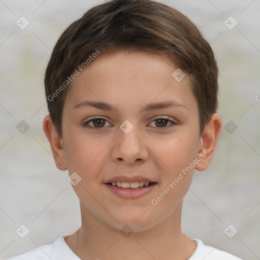 Joyful white child female with short  brown hair and brown eyes