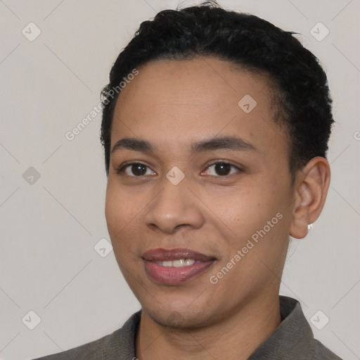 Joyful latino young-adult female with short  black hair and brown eyes