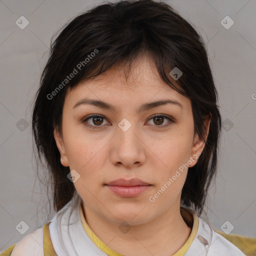 Neutral white young-adult female with medium  brown hair and brown eyes