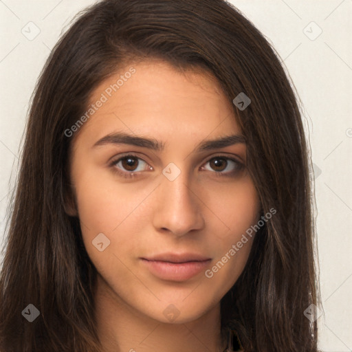 Neutral white young-adult female with long  brown hair and brown eyes