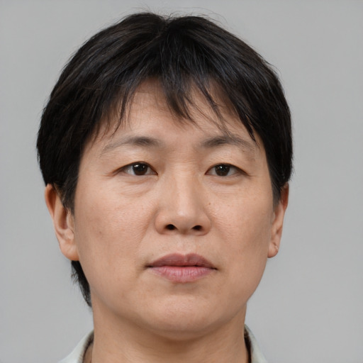 Neutral asian adult female with short  brown hair and brown eyes