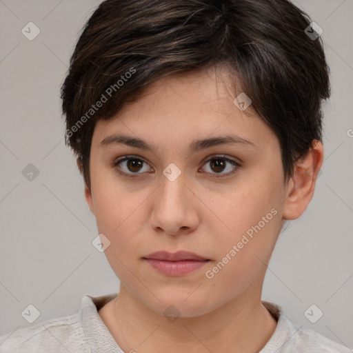 Neutral white young-adult female with short  brown hair and brown eyes