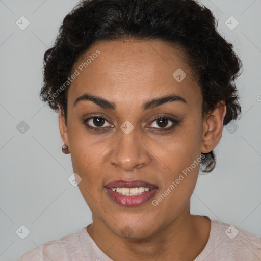 Joyful latino young-adult female with short  black hair and brown eyes