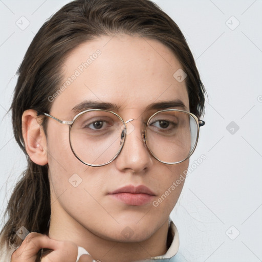 Neutral white young-adult female with medium  brown hair and grey eyes