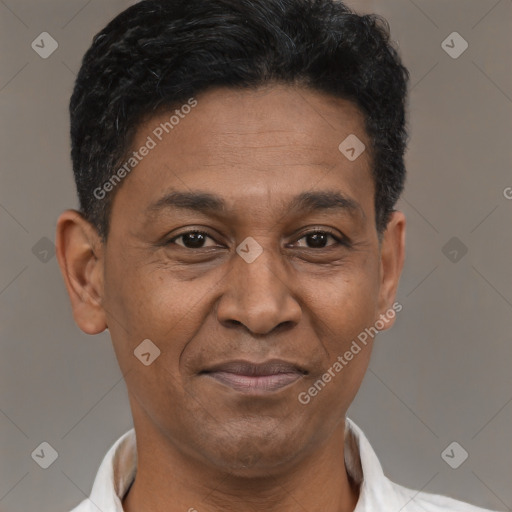 Joyful latino adult male with short  black hair and brown eyes