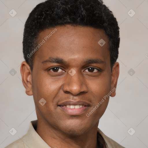 Joyful latino young-adult male with short  brown hair and brown eyes