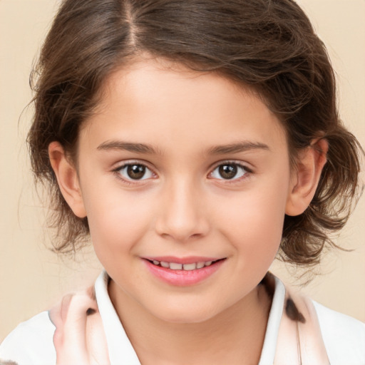 Joyful white child female with medium  brown hair and brown eyes