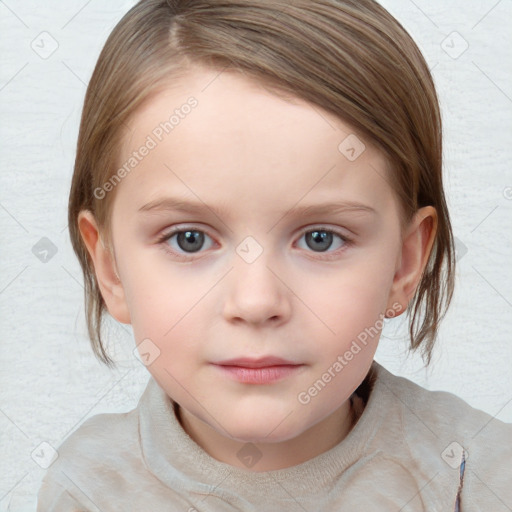 Neutral white child female with medium  brown hair and blue eyes