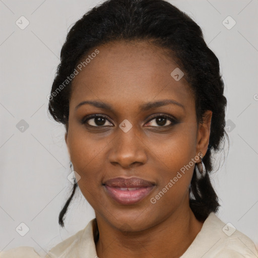 Joyful black young-adult female with medium  black hair and brown eyes