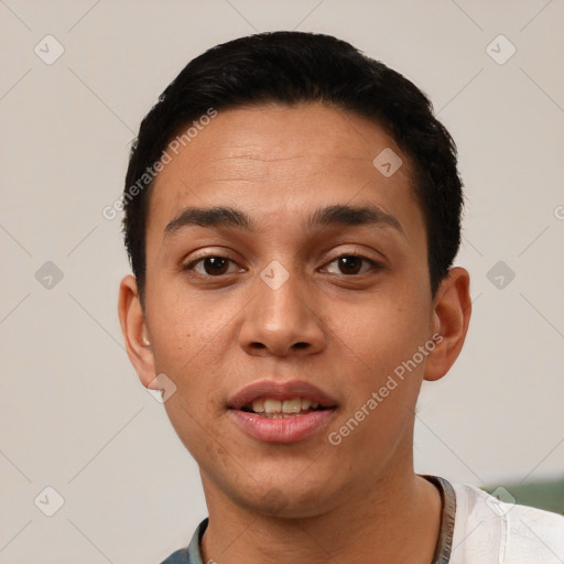 Joyful white young-adult male with short  black hair and brown eyes