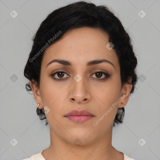 Neutral latino young-adult female with short  black hair and brown eyes