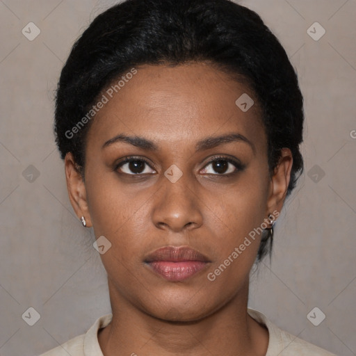 Neutral latino young-adult female with short  black hair and brown eyes