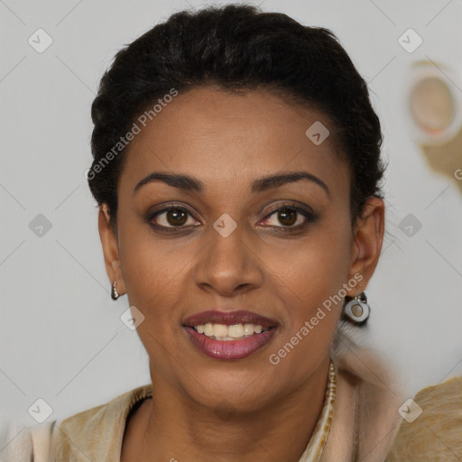 Joyful latino young-adult female with long  brown hair and brown eyes