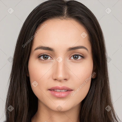 Neutral white young-adult female with long  brown hair and brown eyes