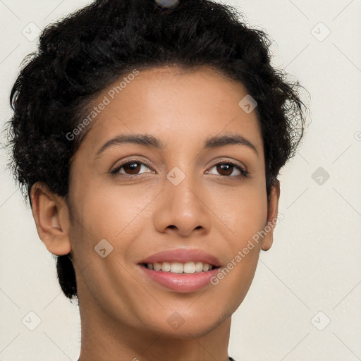 Joyful latino young-adult female with short  black hair and brown eyes