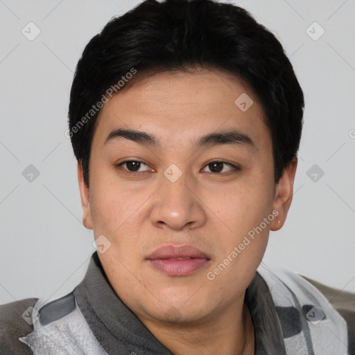 Neutral asian young-adult male with short  black hair and brown eyes