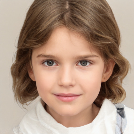 Neutral white child female with medium  brown hair and grey eyes