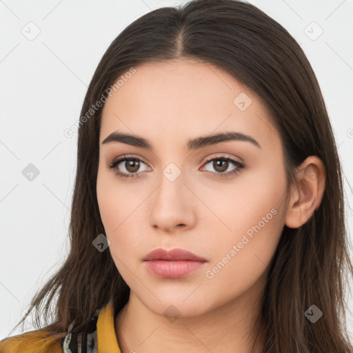 Neutral white young-adult female with long  brown hair and brown eyes