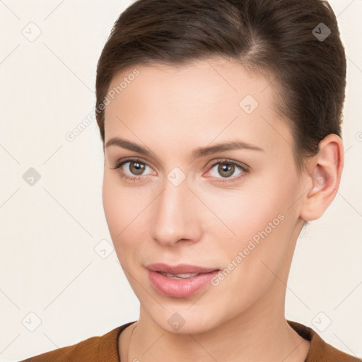 Neutral white young-adult female with short  brown hair and brown eyes